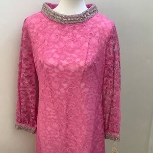 Pink Lace Dress With Beaded Trim Vintage size 14 - see measurements